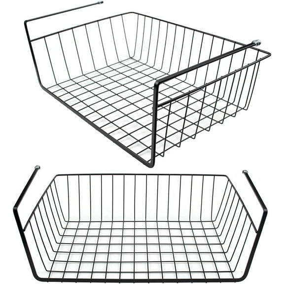 Chainplus 2 Pack Under Shelf Wire Basket Hanging Storage Baskets, Under Cabinet Add-on Storage Racks Slide-in Baskets Organizer for Kitchen Pantry Desk Bookshelf - White
