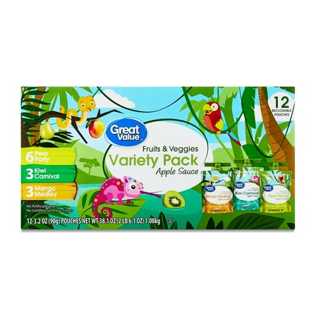 Great Value Fruits and Veggies Variety Pack Applesauce, 3.2 oz, 12 Pouches
