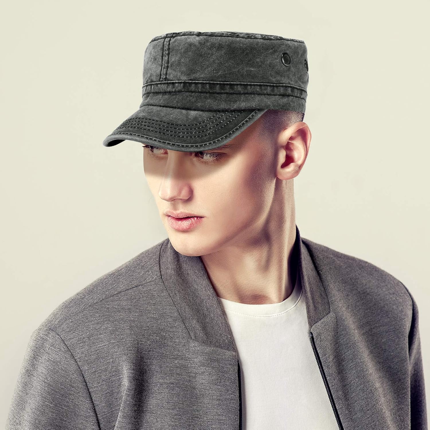 DOVACKA 3 Pieces Cadet Army Cotton Caps Washed Military for Flat Top Caps Adjustable Military Style Hat Unisex