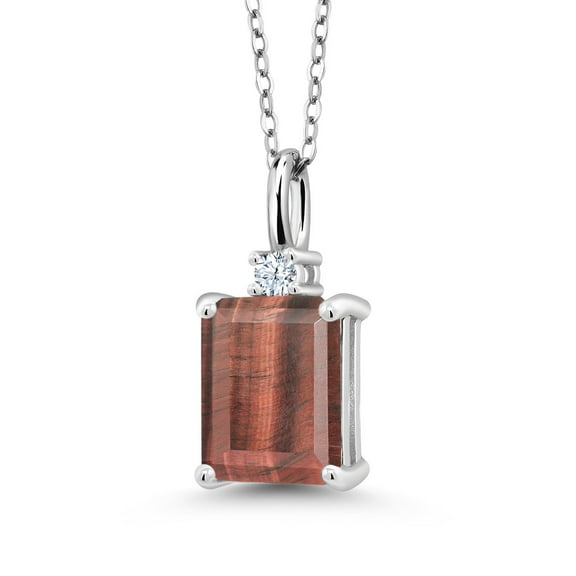 Gem Stone King 925 Sterling Silver Red Tiger Eye Pendant Necklace for Women | 2.03 Cttw | Gemstone Birthstone | Emerald Cut 9X7MM | With 18 inch Silver Chain