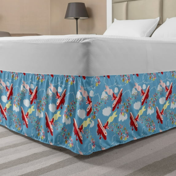 Airplane Bed Skirt, Retro Biplanes with Pennants Throwing Present Boxes Announcement Celebration Art, Elastic Bedskirt Dust Ruffle Wrap Around for Bedding Decor, 4 Sizes, Multicolor, by Ambesonne