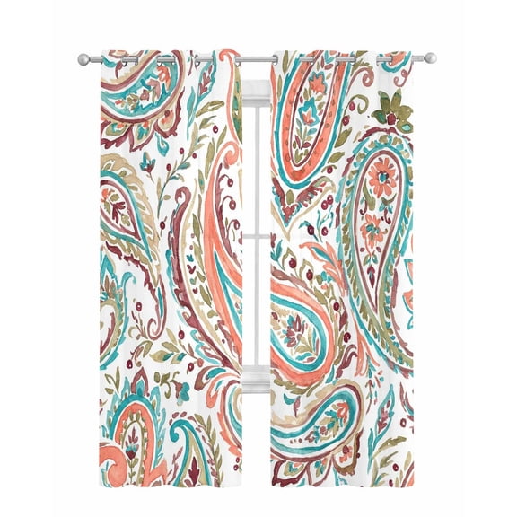 Paisley Flower Sheer Curtains 63 Inch Length 2 Panels Set for Living Room/Bedroom, Spring Watercolor Floral Leaf Plant Orange Kitchen Curtains Grommet Semi-Sheer Curtains Window Treatments 42"x63"x2