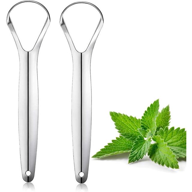 Raspador de lengua de acero inoxidable (2 piezas), raspador de lengua ayurvédico, raspador de lengua, raspador de lengua para el mal aliento (una capa)