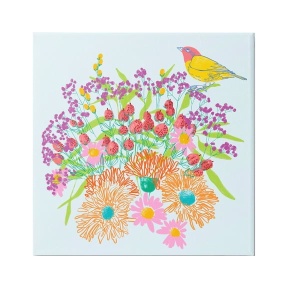 Stupell Industries Summer Bird & Florals Botanical & Floral Painting Gallery Wrapped Canvas Art Print Wall Art, 17 x 17