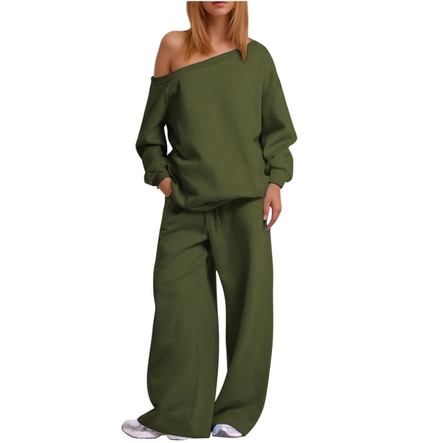 MeetoTime Ensemble 2 Pcs pour Femmes en Molleton, Chandail à Col Rond, Pantalon Grand, Survêtement, Tenue de Détente
