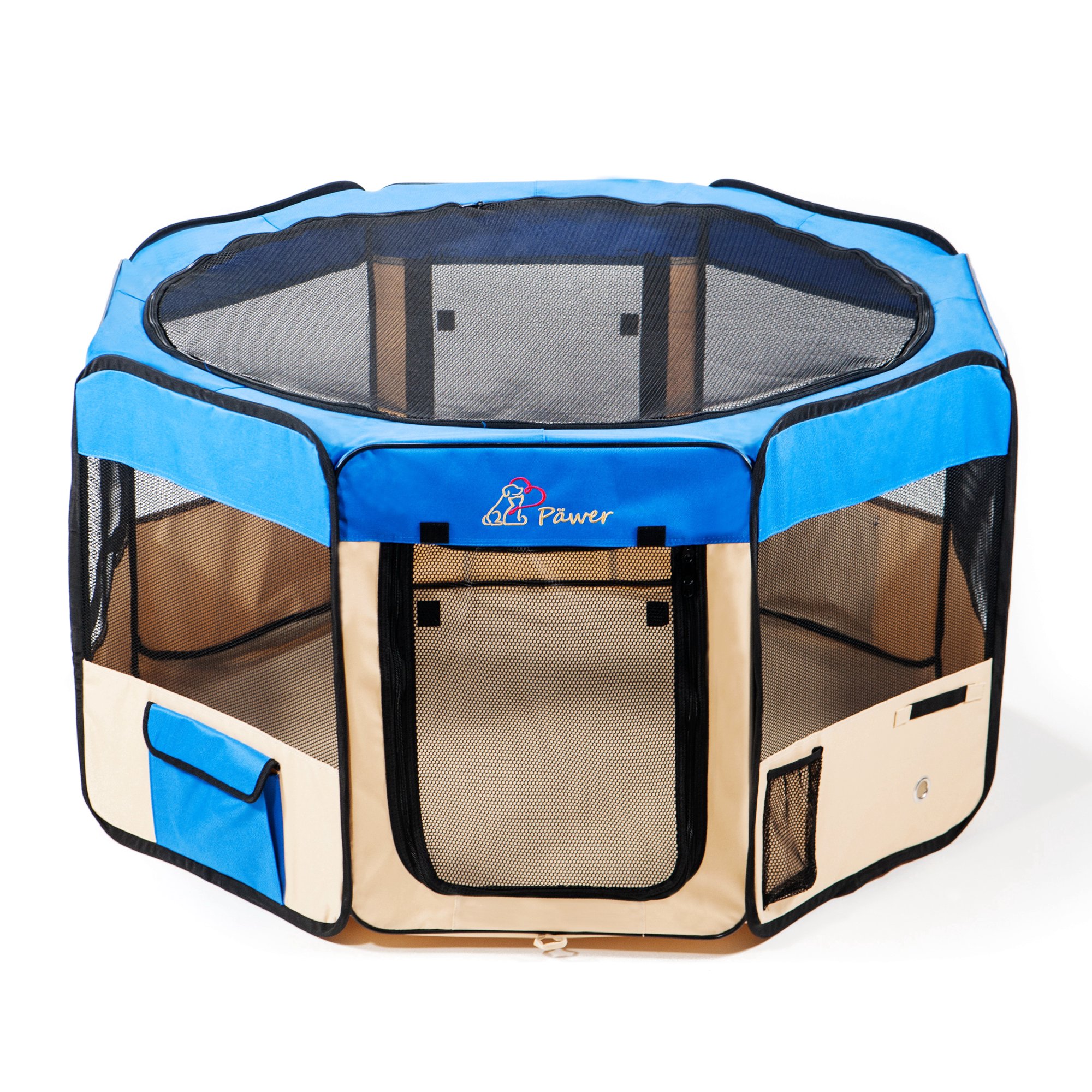Pawer 45”×24” 8-Panel Foldable Pet Playpen, Blue+Beige, Personalize Embroidery Extra Fabric Piece Available, for Cat/Dog/Puppy, 600D Oxford Cloth Portable Indoor & Outdoor Kennel with Carry Bag