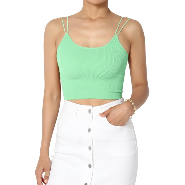 TheMogan Women's Solid Spaghetti Straps Ribbed Seamless Stretch Crop Cami Tank Top