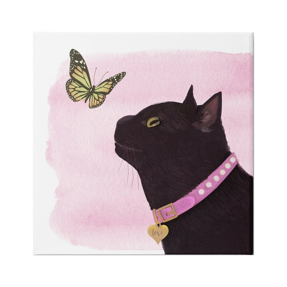 Stupell Industries Black Cat & Butterfly Animals & Insects Painting Gallery Wrapped Canvas Print Wall Art, 17 x 17