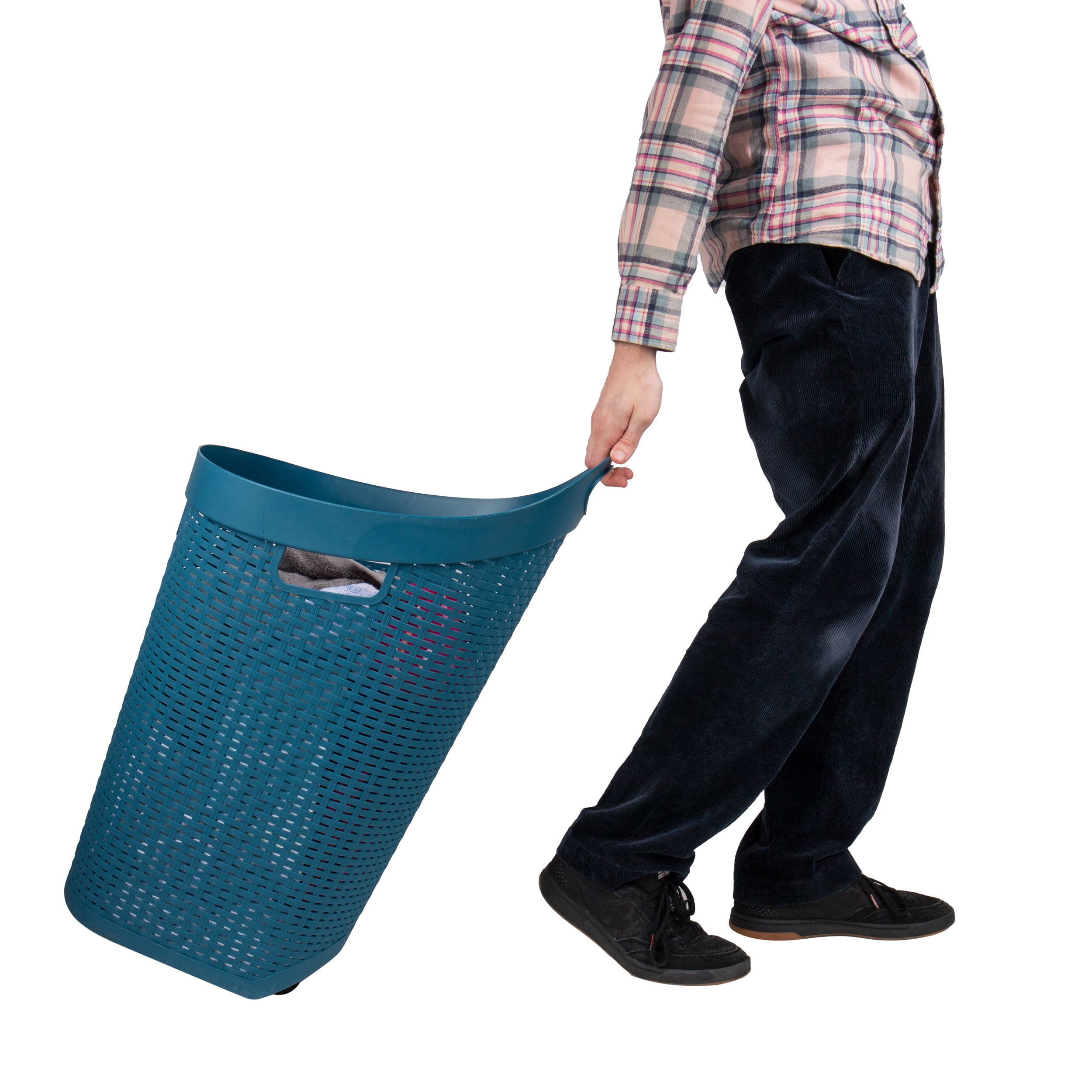 Mind Reader 60L Rolling Laundry Hamper, Clothes Basket, Lid, Wheels, Wicker Style, Plastic, 19.5"L x 14.75"W x 29.25"H, Blue