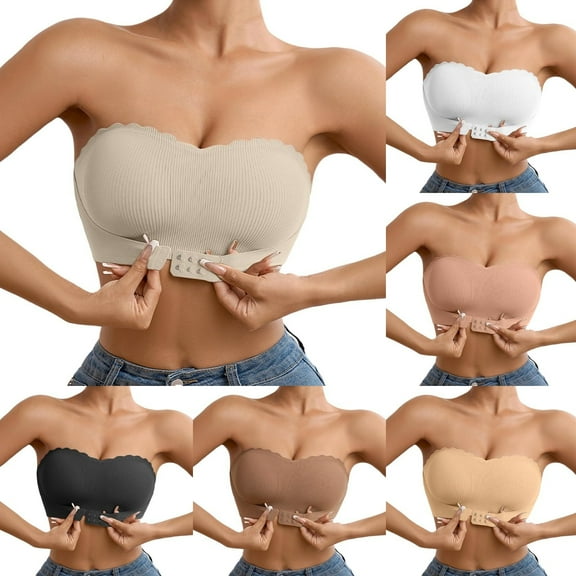 BiZtdJrK Strapless Bras for Women Front Closure Non Slip No Underwire Bandeau Bra Ribbed Knit Comfortable Push Up Bralettes Beige S