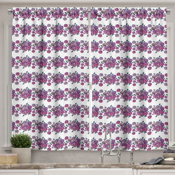 Ambesonne Spring Kitchen Curtains, Sketchy Circular Roses Bloom, 55"x39", Indigo Pink Green