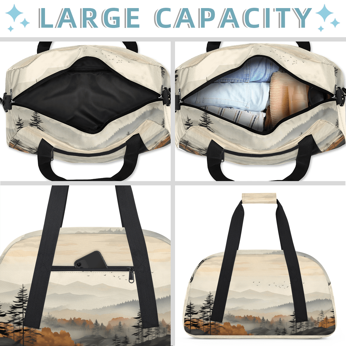 Herdesigns Forest Sports Duffle Bag for Women & Men, Watercolor Misty Forest Gym Bag Dance Bag Overnight Bag Carry On Weekender Travel Bag