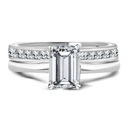 JeenMata Majestic 2.75 Carat Emerald Shaped Bridal Set - Channel Set Wedding Band - in 18K White Gold over Silver