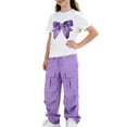 thumbnail image 7 of SGFCWSX Girls 2 Piece Outfit Sequin Bow Print Short Sleeve Top and Elastic Waist Cargo Wide Leg Pants Casual Summer Set Purple Size 6, 7 of 7