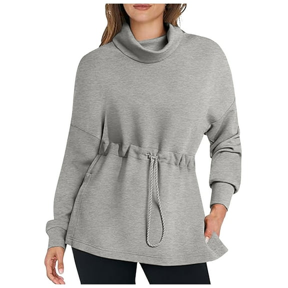 kamemir Comfort Hoodies for Anxiety Womens Turtleneck Sweatshirts Drawstring Waist Pullover Tops Loose Fit Long Sleeve Hoodies 2024 Fall Outfits(Grey,XL)