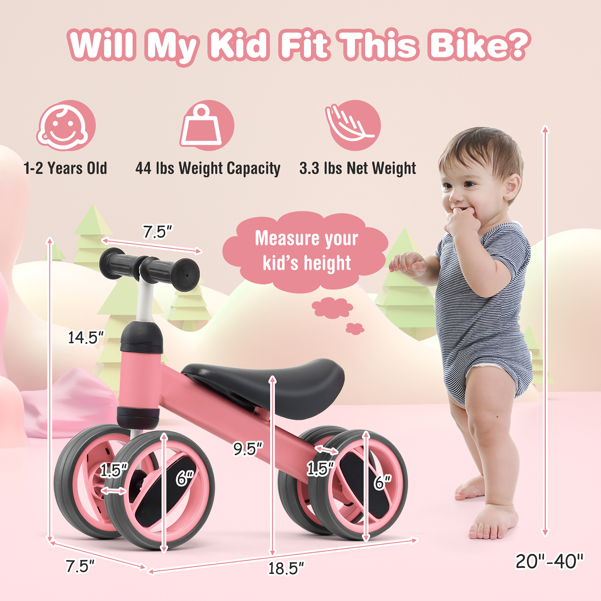 Costway Baby Balance Bike Toddler Riding Toys  w/ 4 Wheels Pink - image 3 of 10
