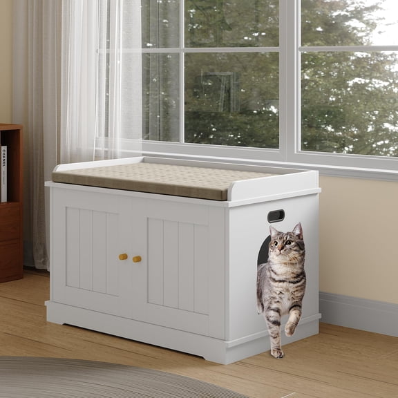 BouPower Cat Litter Box Enclosure, Wooden Cat Washroom Furniture with Barn Door, Hidden Litter Box Cover, Dog Proof Feline Litter Boxes, Kitty House, Fit Most of Litter Box, White, Grey