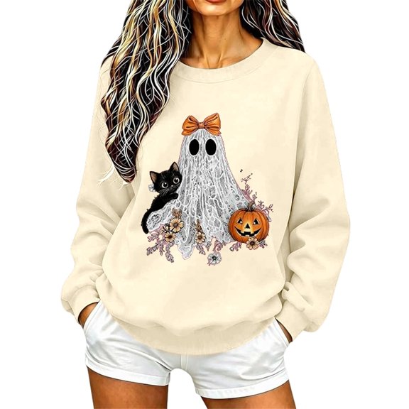 Women's Halloween Print Sweatshirt, Crewneck Long Sleeve Pullover, Cute Holiday Graphic Top for Fall Everyday Wear