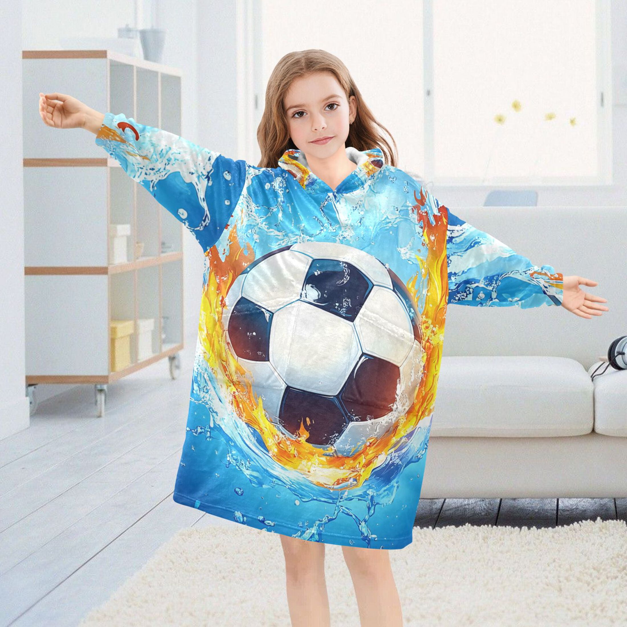 joogoo Wearable Blanket Hoodie Soccer Ball with Flame for Flannel Sherpa Pocket 3-14 YR L