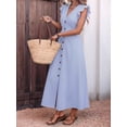 thumbnail image 6 of Women's Striped V-Neck Ruffle Sleeve Button Front Waist Belt Maxi Dress Blue S, 6 of 10