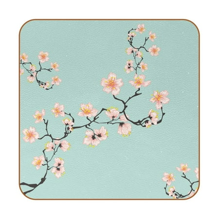

OWNTA Blue Cherry Blossom Flowers-01 Pattern Premium 6-Piece Square Coaster Set in Microfiber Leather - Non-Slip & Absorbent Cup Mats