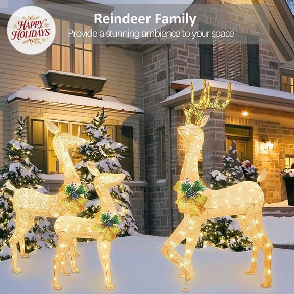 Lighted Mesh Reindeer Family Yard Sculpture, Indoor Outdoor Christmas Xmas Decorations, Illuminated Deer Decor for New Year Lawn Porch Front Yard Holiday Decor