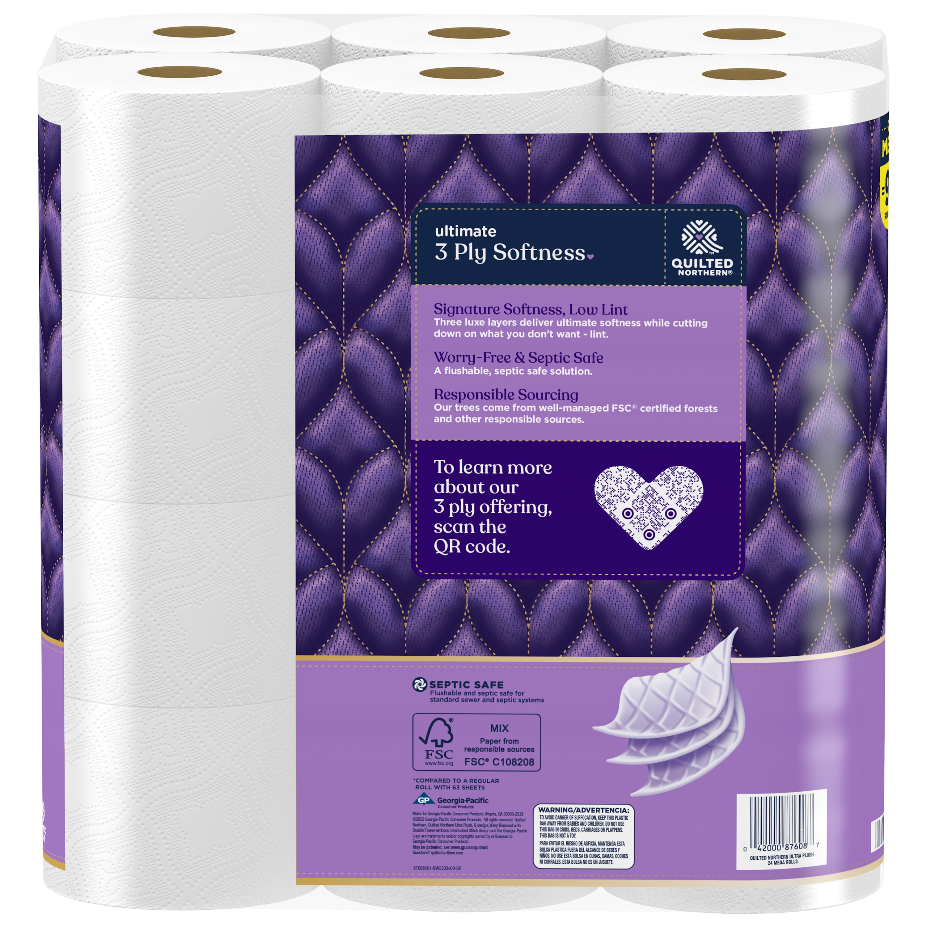 Quilted Northern Ultra Plush Bathroom Tissue, Unscented, Mega Rolls, 3-Ply - 24 rolls