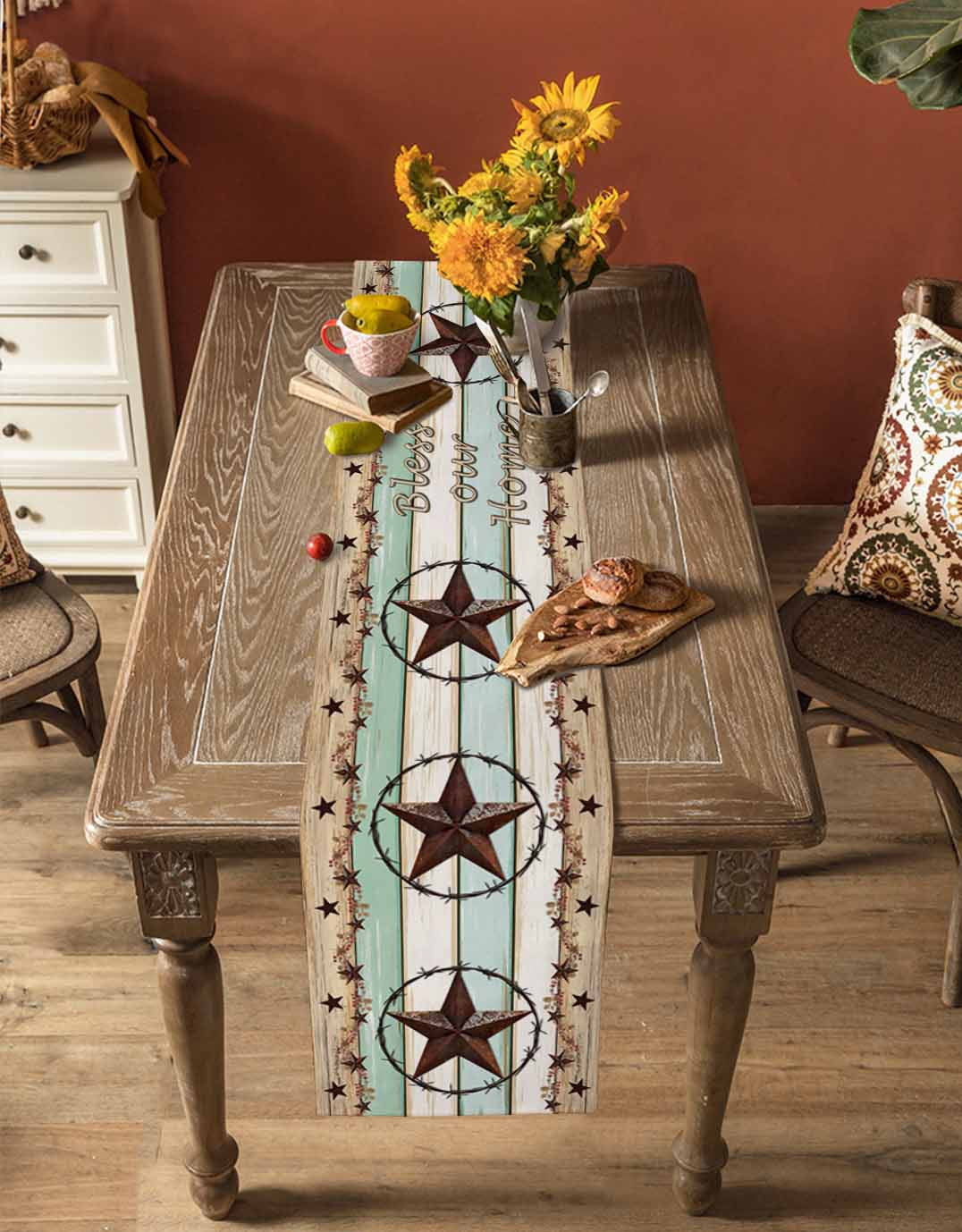 nqOlkjepod Western Texas Star Green Table Runner 72 Inches Long Farmhouse Dress Scarves, Farmhouse Brown Country Vintage Dining Tablerunner for Coffee Table/Kitchen Island/Party Décor, 13" x 72"