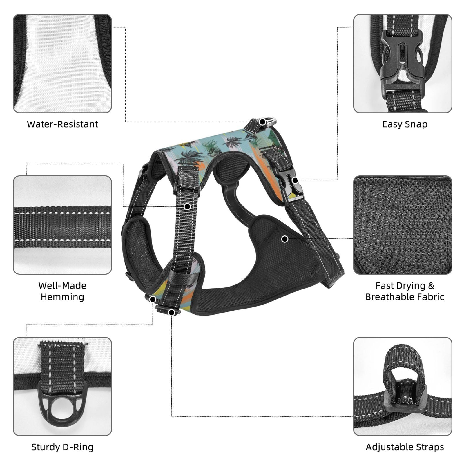 Kdxio Hawaiian Style Print No Pull Dog Harness Adjustable Reflective Oxford Easy Control Medium Large Dog Harness for Training and Everyday-Large