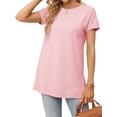 thumbnail image 3 of Women's Round Neck Solid Color T-Shirt Side Slit Casual Short-Sleeved Summer Sports Tunic Top, 3 of 6