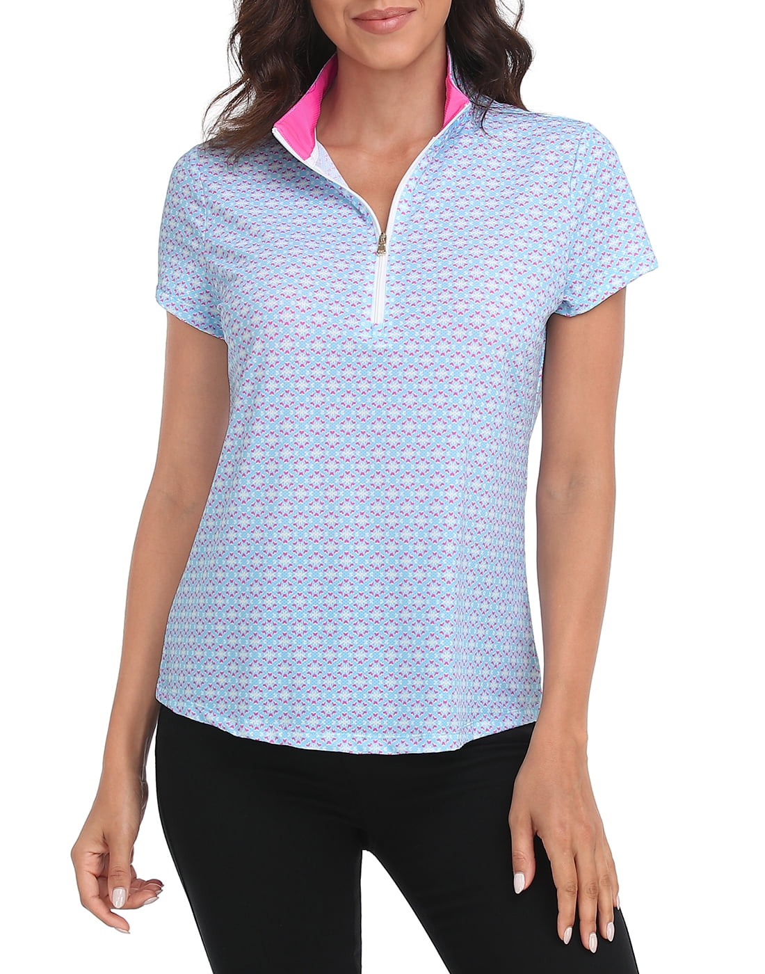 LRD Women's Short Sleeve Golf Polo Shirts UPF 30 Mini Abstract / Pink