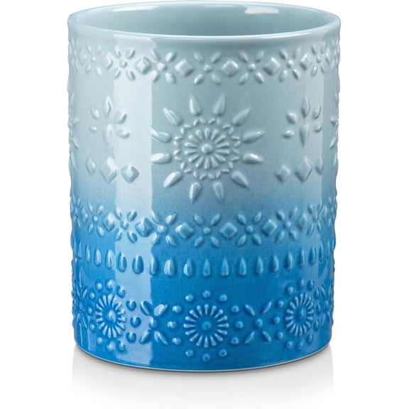KitchenKey Extra Large Kitchen Utensil Holder, 7.2" Ceramic Farmhouse Utensil Holder For Kitchen Décor Countertop With Heavy And Sturdy Base, Utensil Crock Organizer, Blue