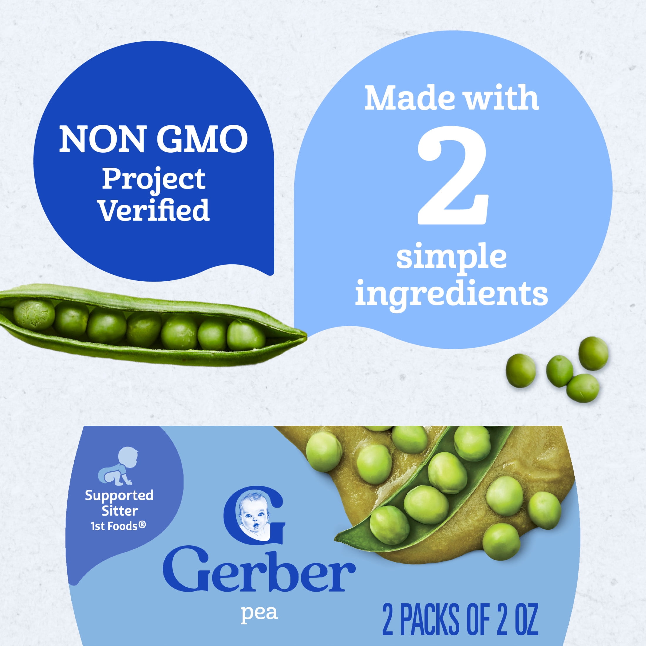 (8 pack) Gerber 1st Foods Baby Food, Pea Puree, Clean Label Project, 2 oz Tubs (2 Pack)