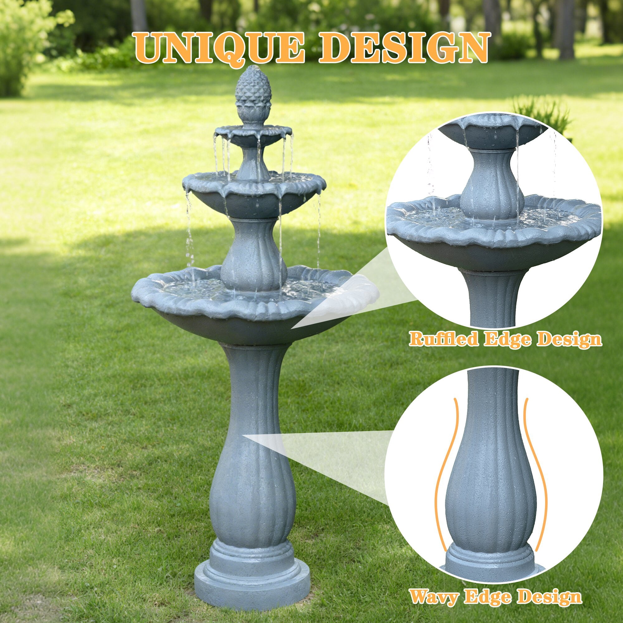 Alukang 48.03" Italian Outdoor Water Fountain, 3-Tier Garden Fountains and Waterfall with Pump & Pineapple Finial, Freestanding Resin Waterfall Fountain Feature for Patio,Backyard,Home Decor, Gray