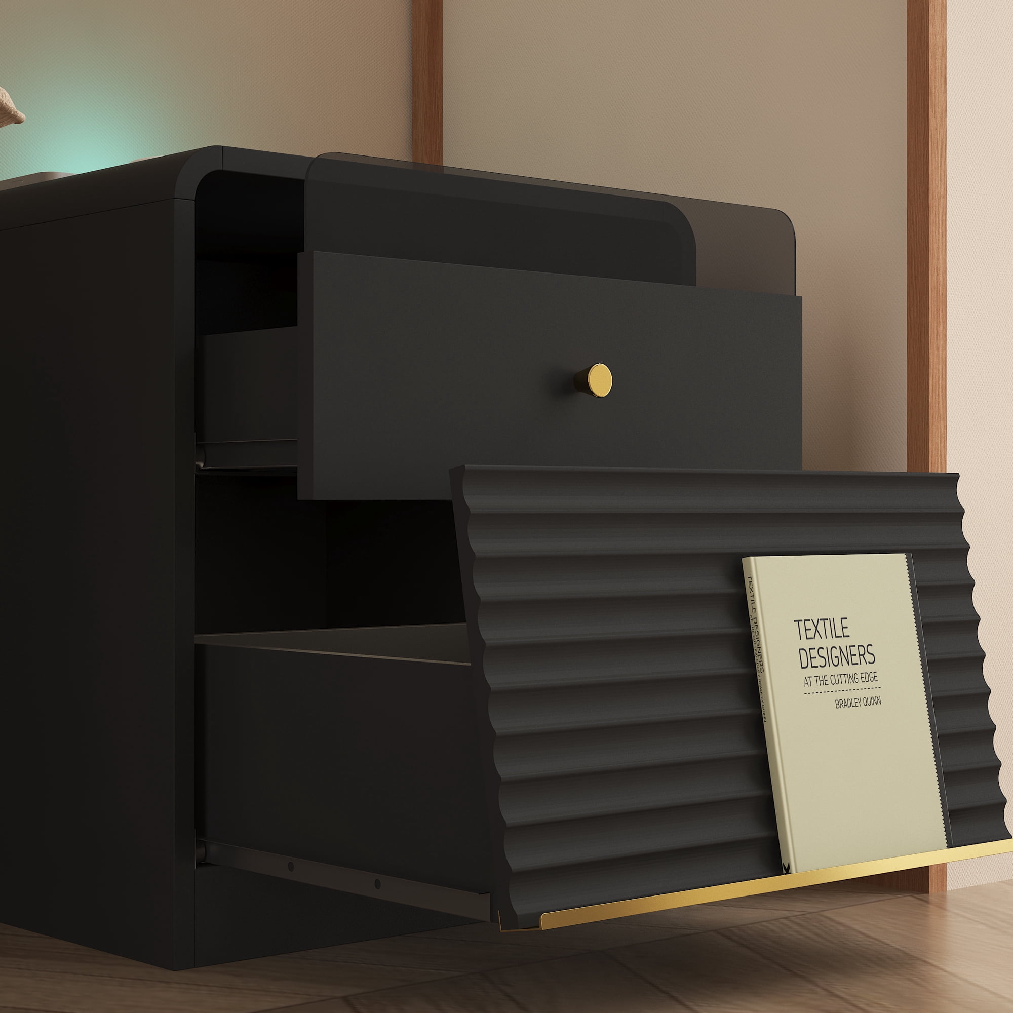 Nightstand with 2 Drawers,Smart Nightstand Bedside Tables with Night Light,Modern End Table for Bedroom,Living Room,Black
