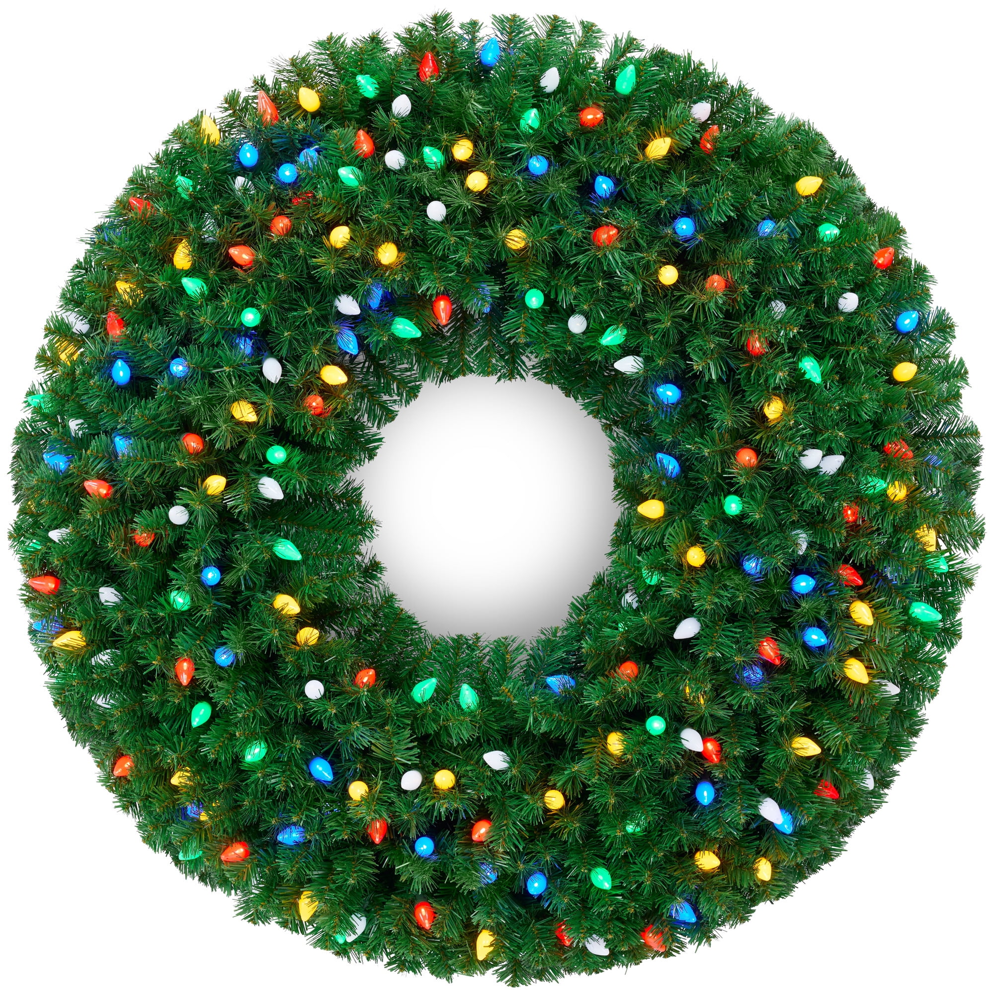 Best Choice Products 24in Large Artificial Pre-Lit Christmas Wreath w/ Twinkling C7 Bulbs Nostalgic Spruce w/ 50 LEDs