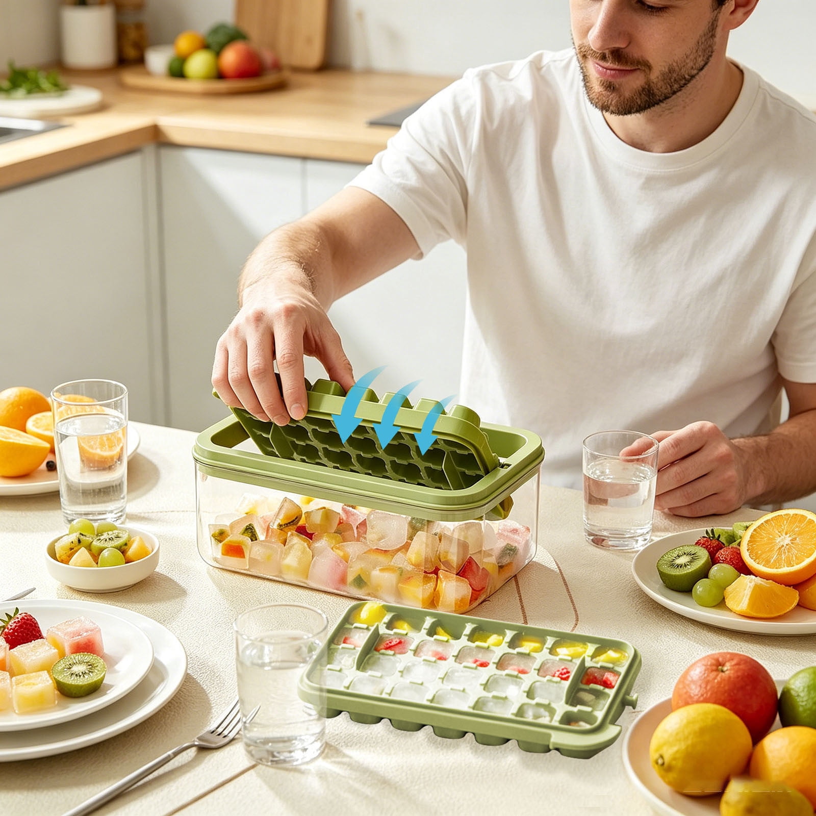Ice Cube Tray with Lid & Bin 56 Cubes, Stackable Ice Trays for Freezer with Easy Release Silicone Bottom, for Drinks Coffee