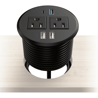 Desktop Power Grommet with PD 20W Fast Charging USB C, Recessed Power Socket with 2 AC Outlets, Flush Mount Power Strip with 3 USB-A Ports, 6FT Extension Cord (Black)