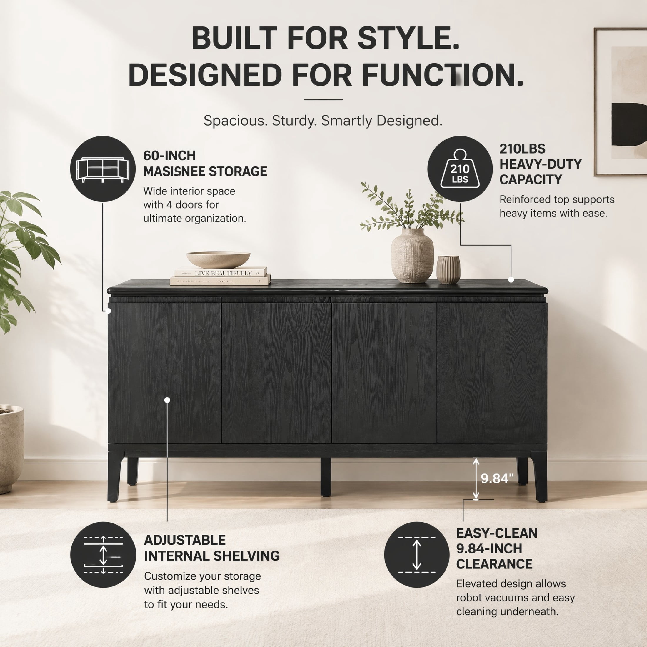 Christopher Knight Home 59" Modern Accent Sideboard with Storage, Rubberwood Legs, 4 Doors, Black