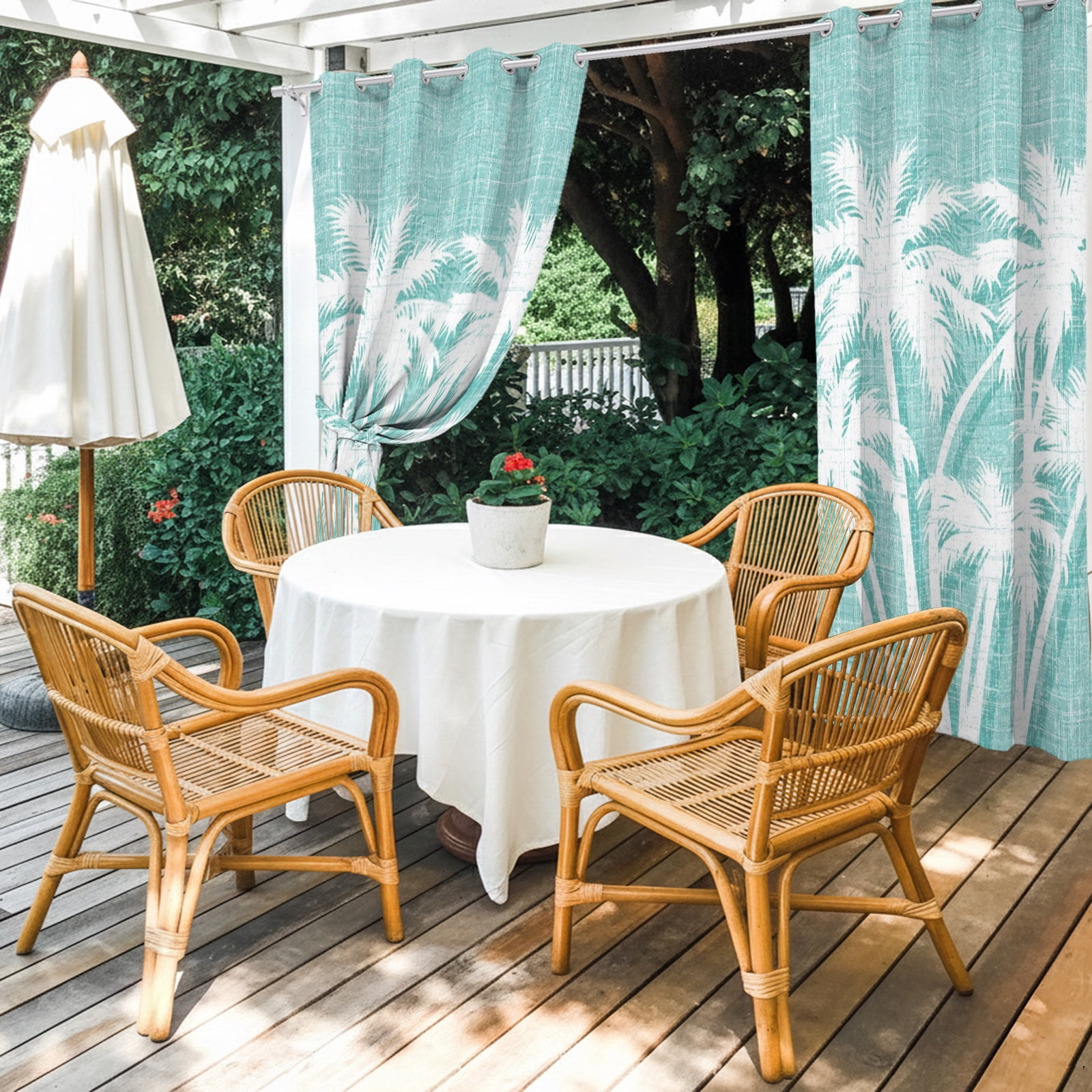 Palm Tree Outdoor Curtains for Patio, Tropical Plant Coastal Summer Mint Green Sunshade Privacy Drapes Grommet Waterproof Outside Curtains for Porch/Cabana/Balcony 54"x 108", 1 Panel