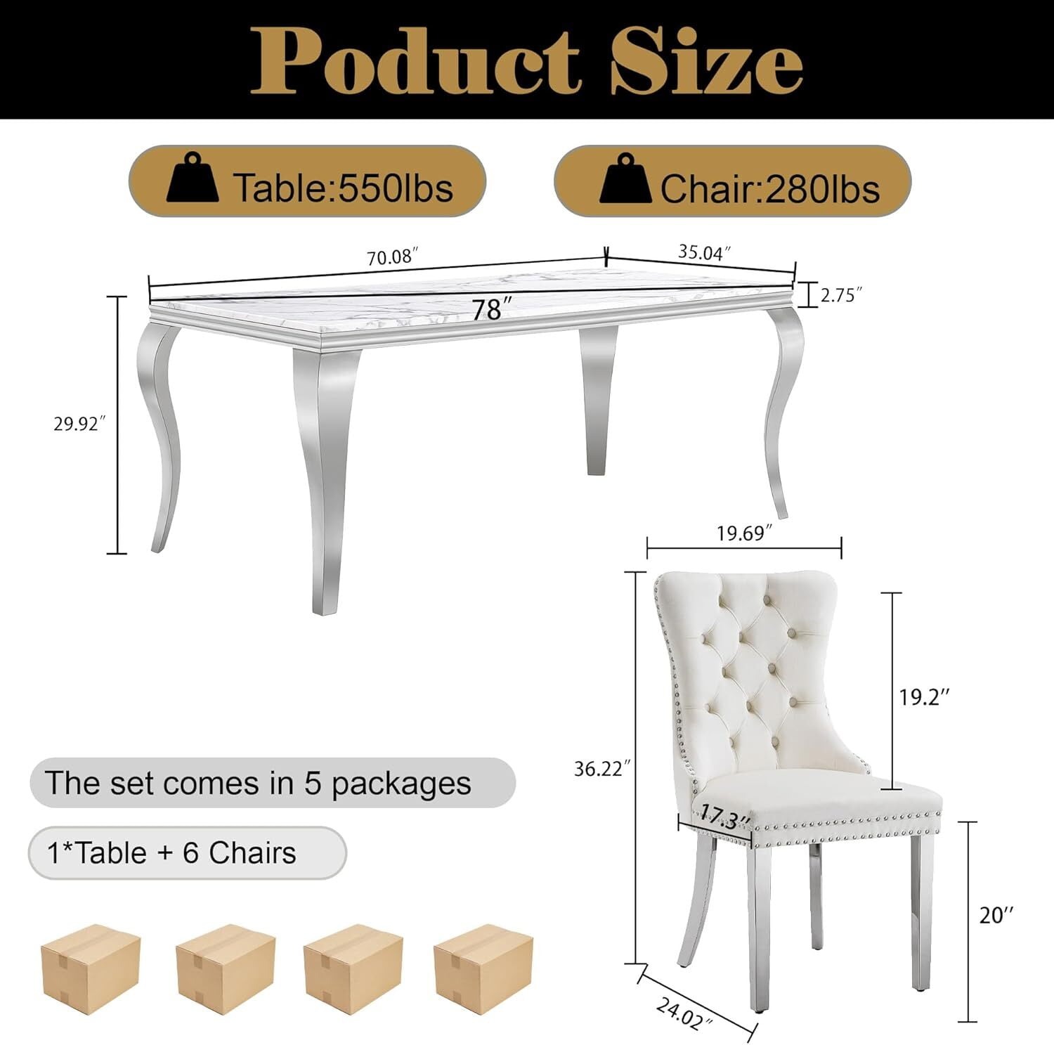 Faux Marble Dining Set of 7, Marble Pattern Table with S-Shaped Stainless Steel Legs, Velvet Dining Chairs with Nailhead Trim, Modern Style for Living Room, Dining Room, Conference Room