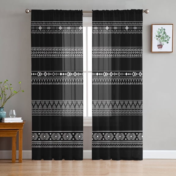 Black White Geometric Sheer Curtains 108 Inch Length 2 Panels Set for Living Room/Bedroom, Modern Striped Plaid Abstract Art Curtain Sheers Drapes Rod Pocket Curtains Window Treatment 52''x108''x2