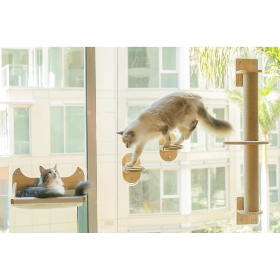 4-in-1 Window & Wall Mount Cat Wall Shelves – Hammock, Scratching Post & Perch | Fits up to 40 lbs | Space-Saving Pet Furniture for Windows, Glass & Drywall | Modern Wood Cat Shelf Set