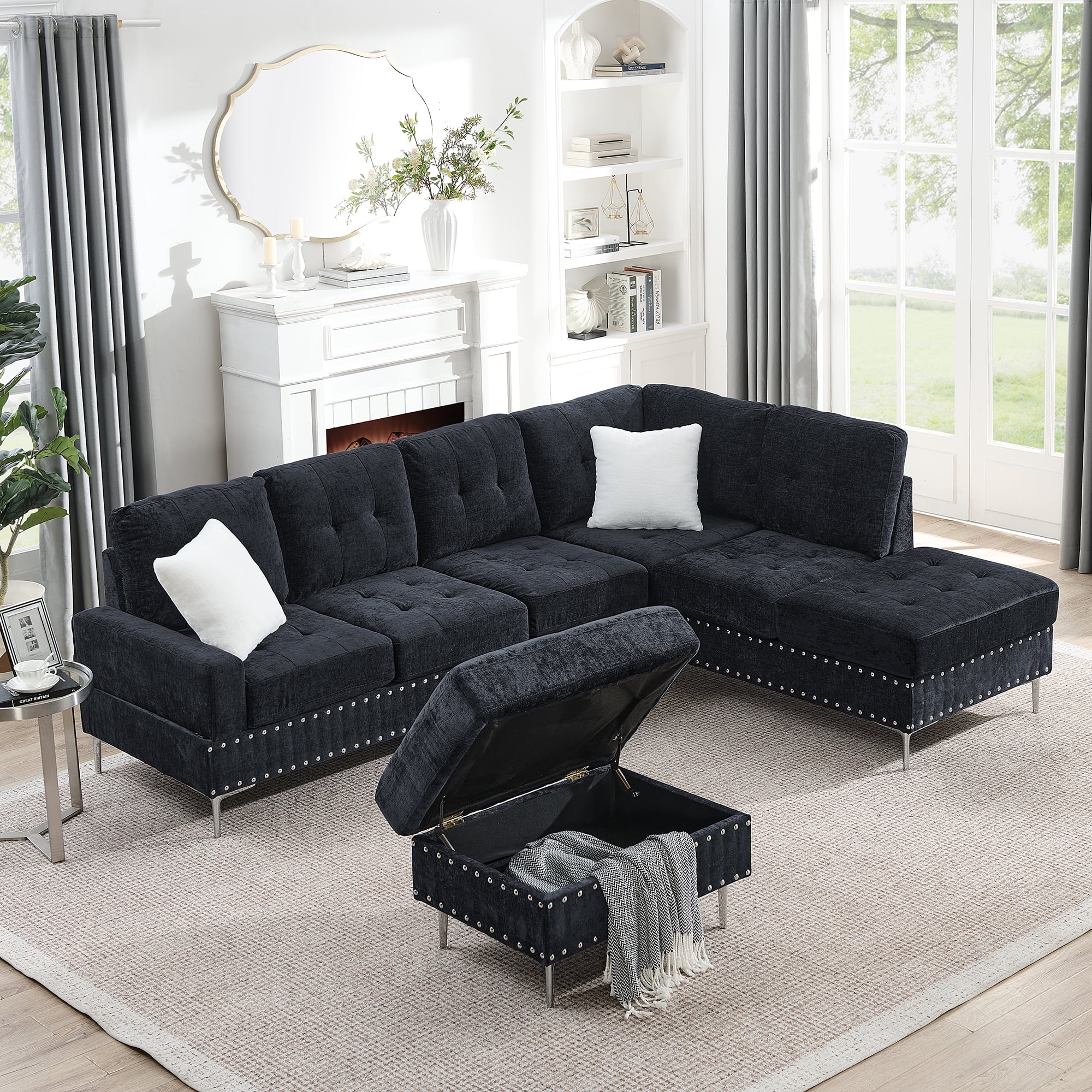 Leumius Modular Sectional Sofa with Chaise and Storage Ottoman,U/L Shaped Sectional Sofa with 2 Pillows,Modern Copper Nails Design Couch with Deep Seat and Thickened Cushion for Living Room,Navy Blue