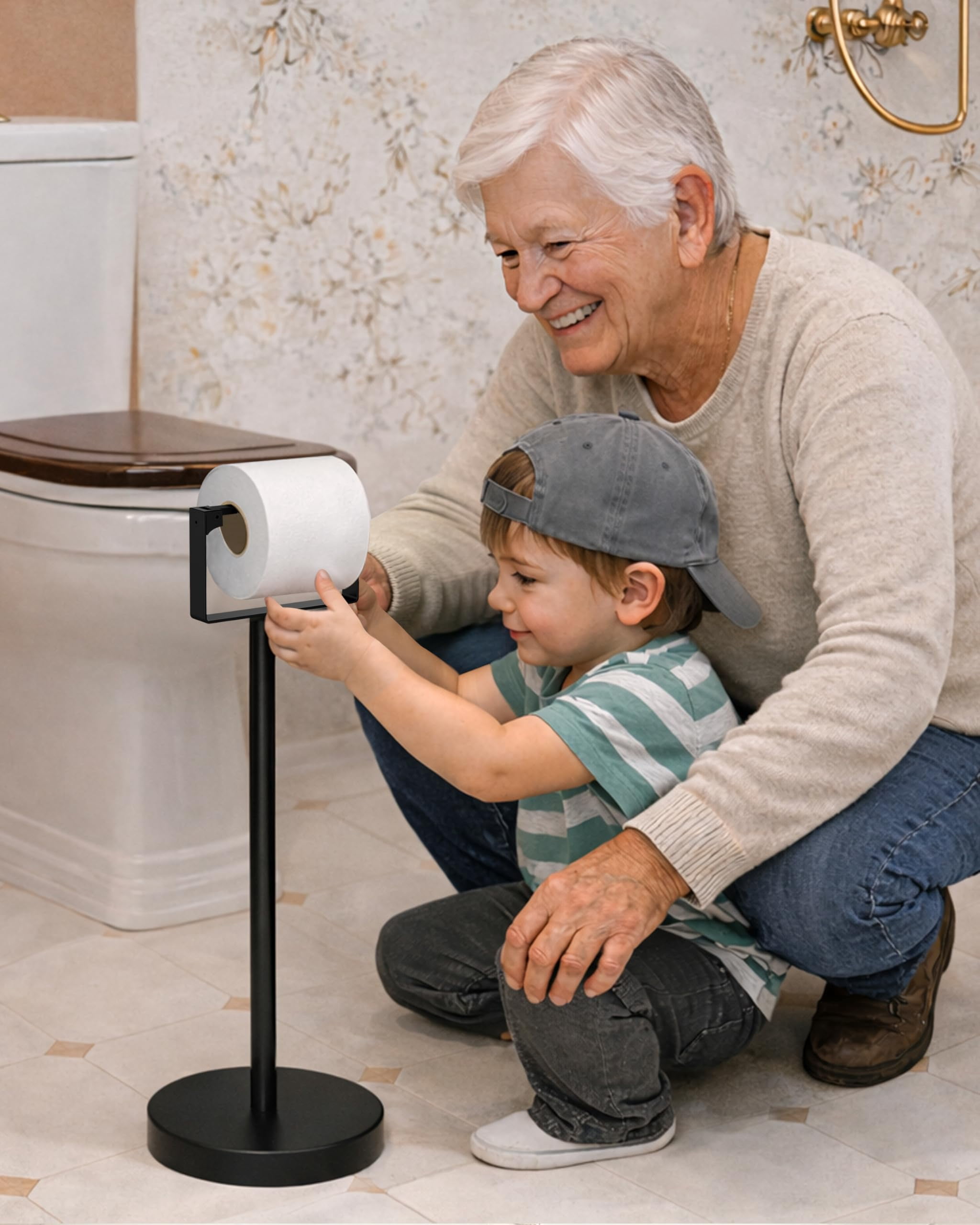 Toilet Paper Holder Stand, Magnetic Closure Toilet Paper Stand with Lift-Up Rotating Arm, SUS304 Stainless Steel Bathroom Toilet Paper Holder Free Standing, Weighted Base (Matte Black)
