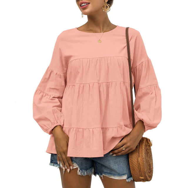 Top de manga larga para mujer, Top de otoño con cuello redondo y mangas abullonadas, Top informal holgado de Color puro