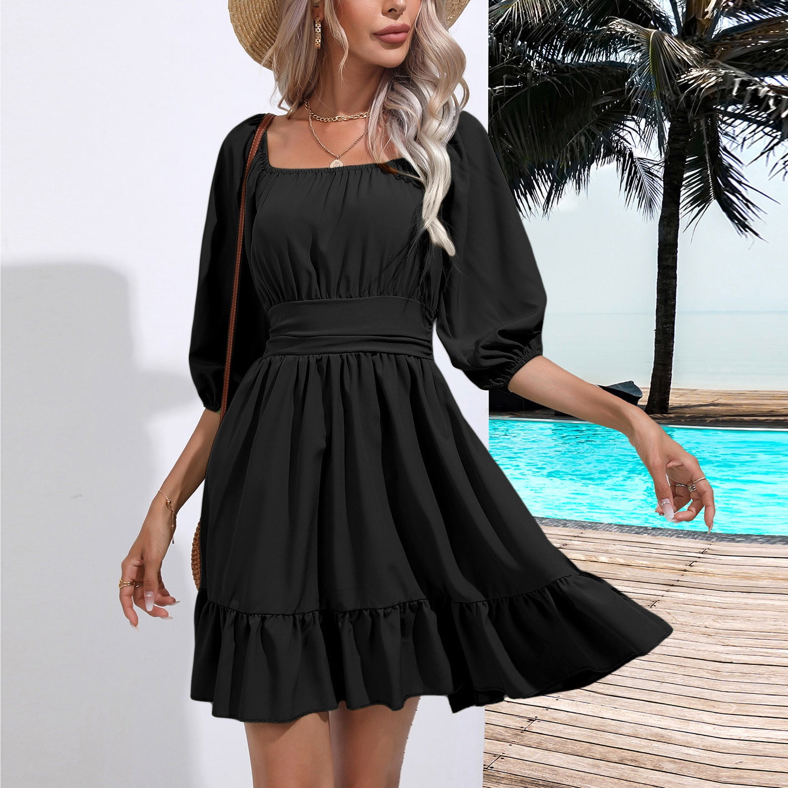 QUYUON Summer Mini Dresses for Women Square Neck 3/4 Sleeve