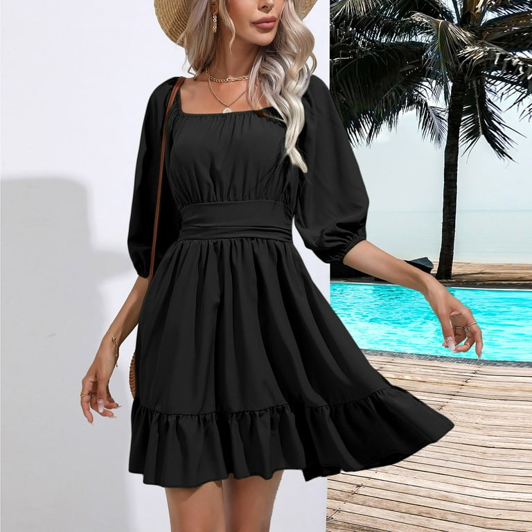 QUYUON Summer Mini Dresses for Women Square Neck 3/4 Sleeve Flowy