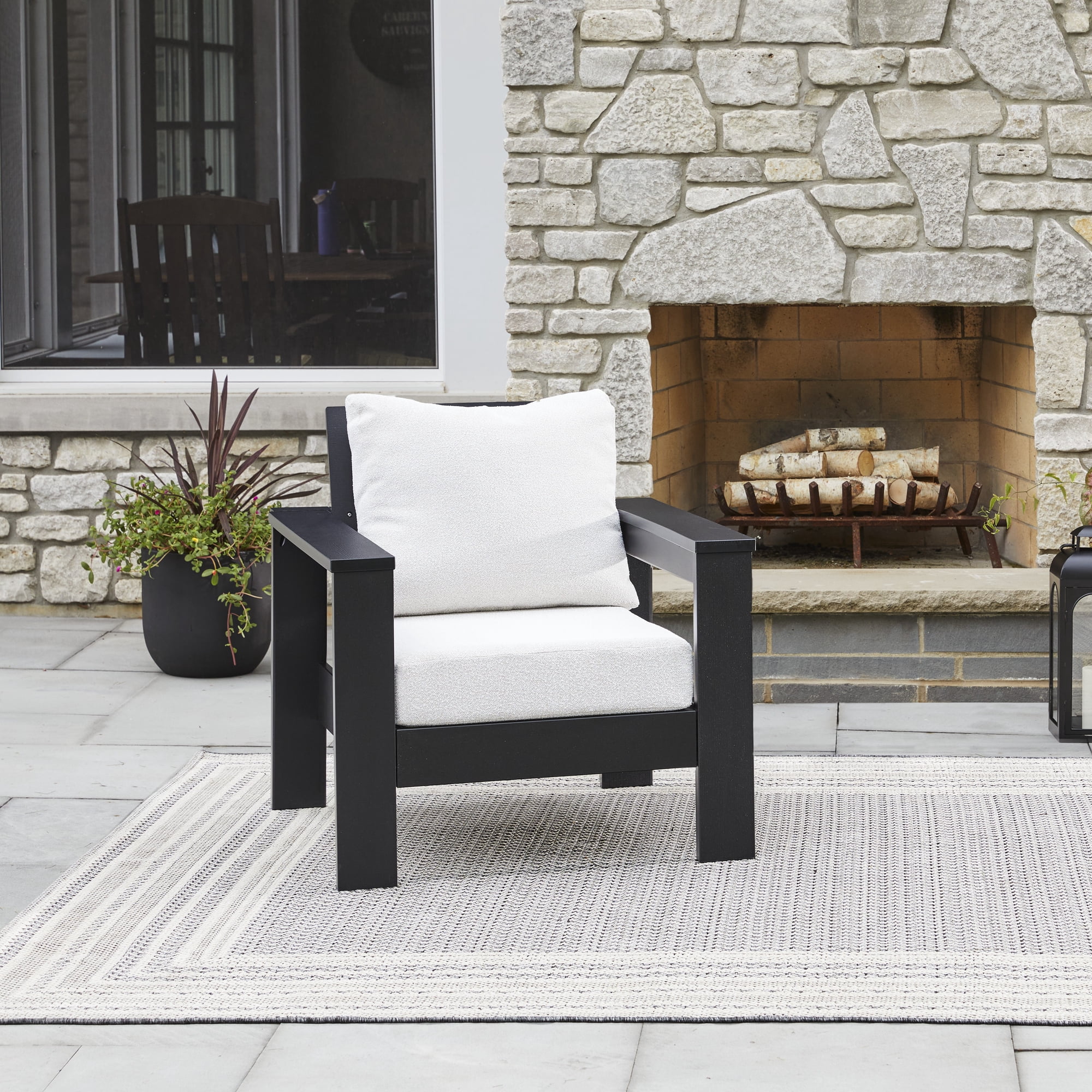 Better Homes & Gardens Ezra Outdoor Club Chair, Black Frame with Cream Boucle Cushions