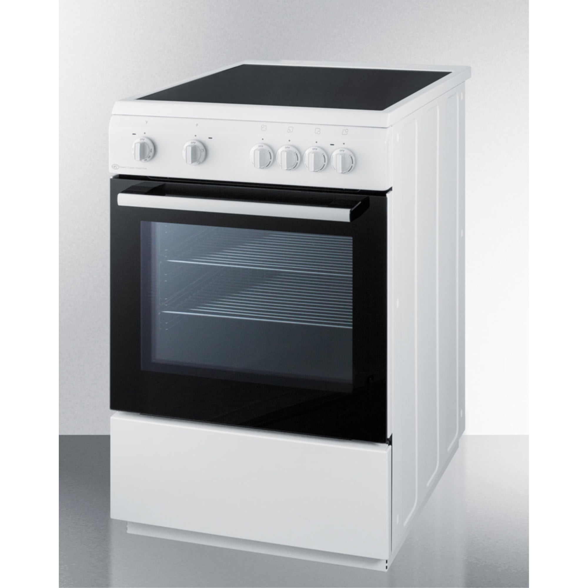 24" wide smooth top electric range in slide-in style and white finish, with storage drawer and large oven window in black glass